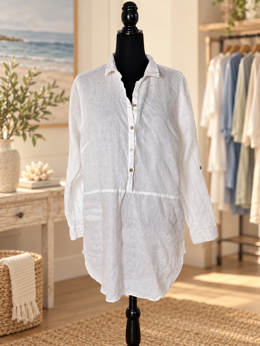J.Jill White 100% Linen Tunic Cover-Up Top Size Large EUC